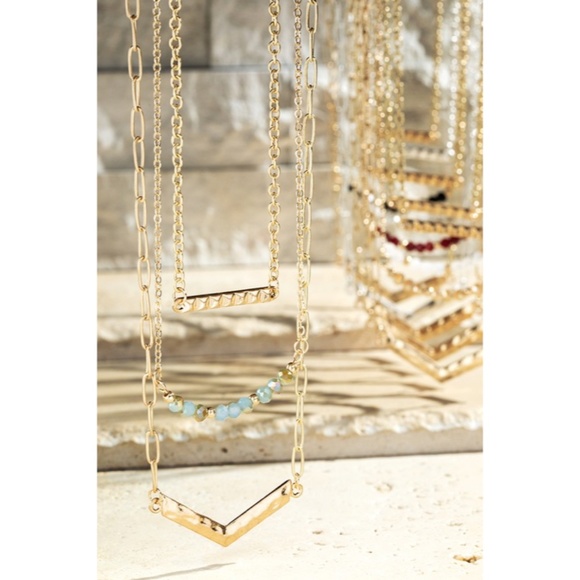 Jewelry - SOLD OUT Mint Luminous Glass Beads Bar & Chevron Gold Pendant Trio Necklace Set